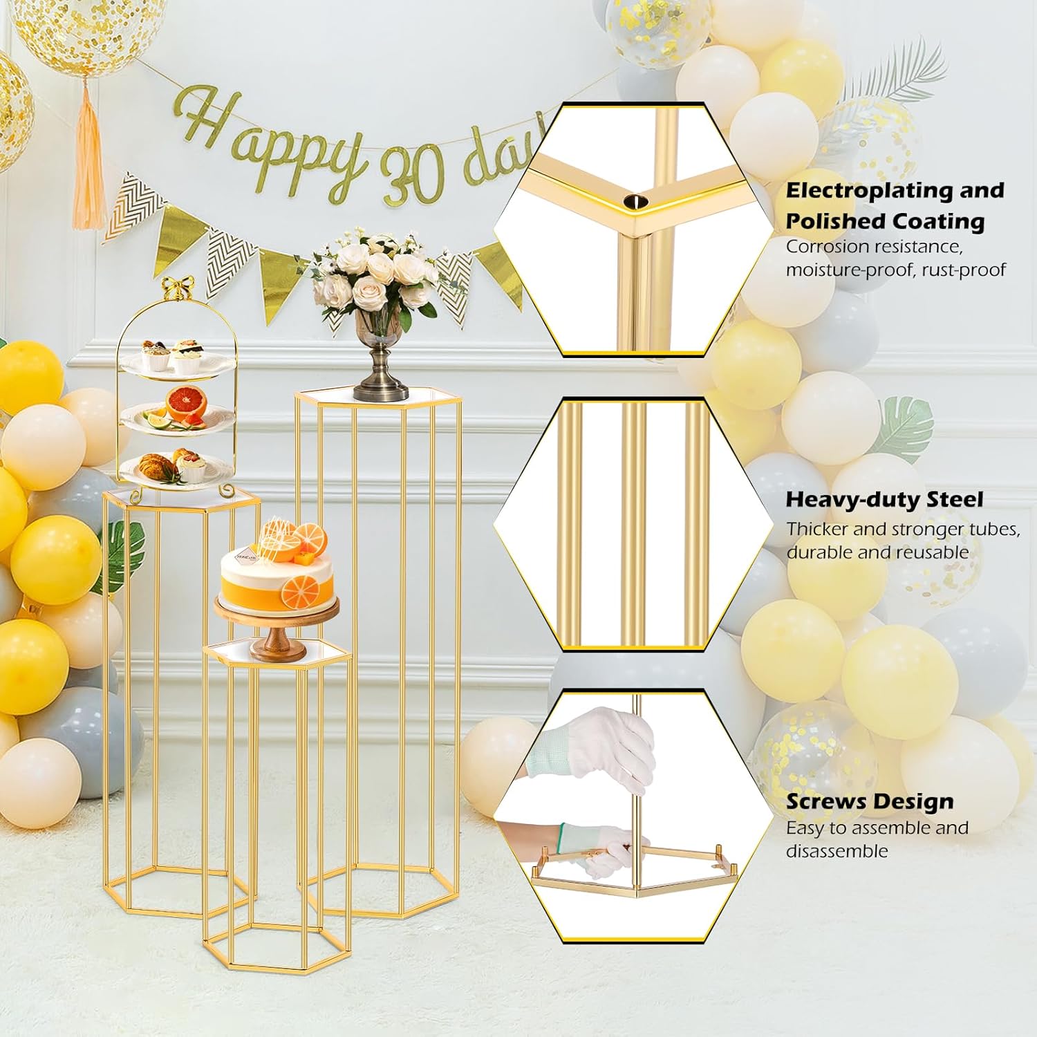 Kit de 3 Mesa Hexagonal de Metal Dourado (P, M, G)