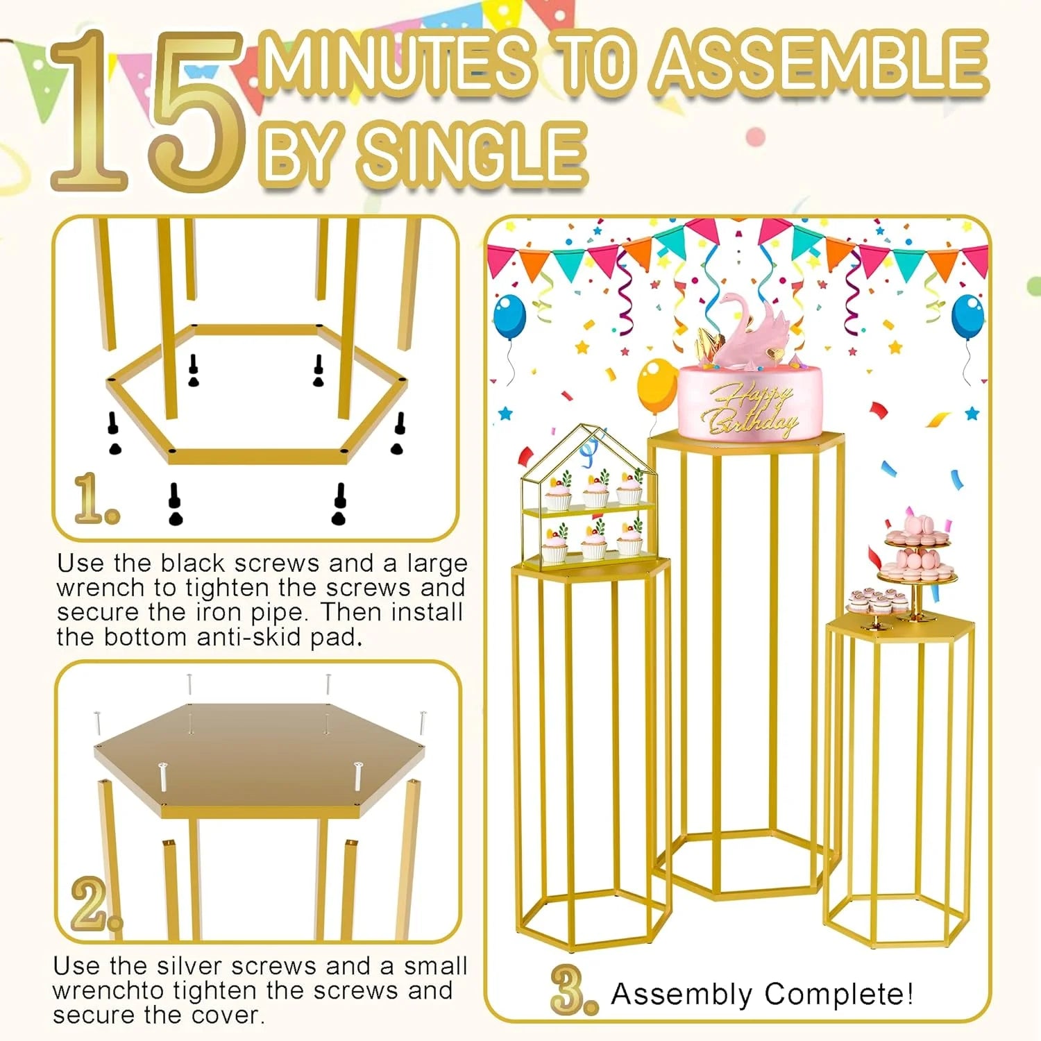 Kit de 3 Mesa Hexagonal de Metal Dourado (P, M, G)